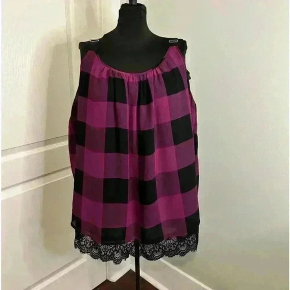 Lane Bryant Women’s Plus 28‎ Buffalo Checked Lace Trim Cami Tank Shell Top - Picture 1 of 9